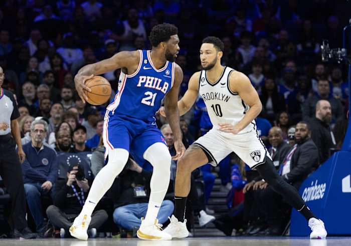 Philadelphia 76ers center Joel Embiid (21) controls the ball against Brooklyn Nets guard Ben Simmons (10)